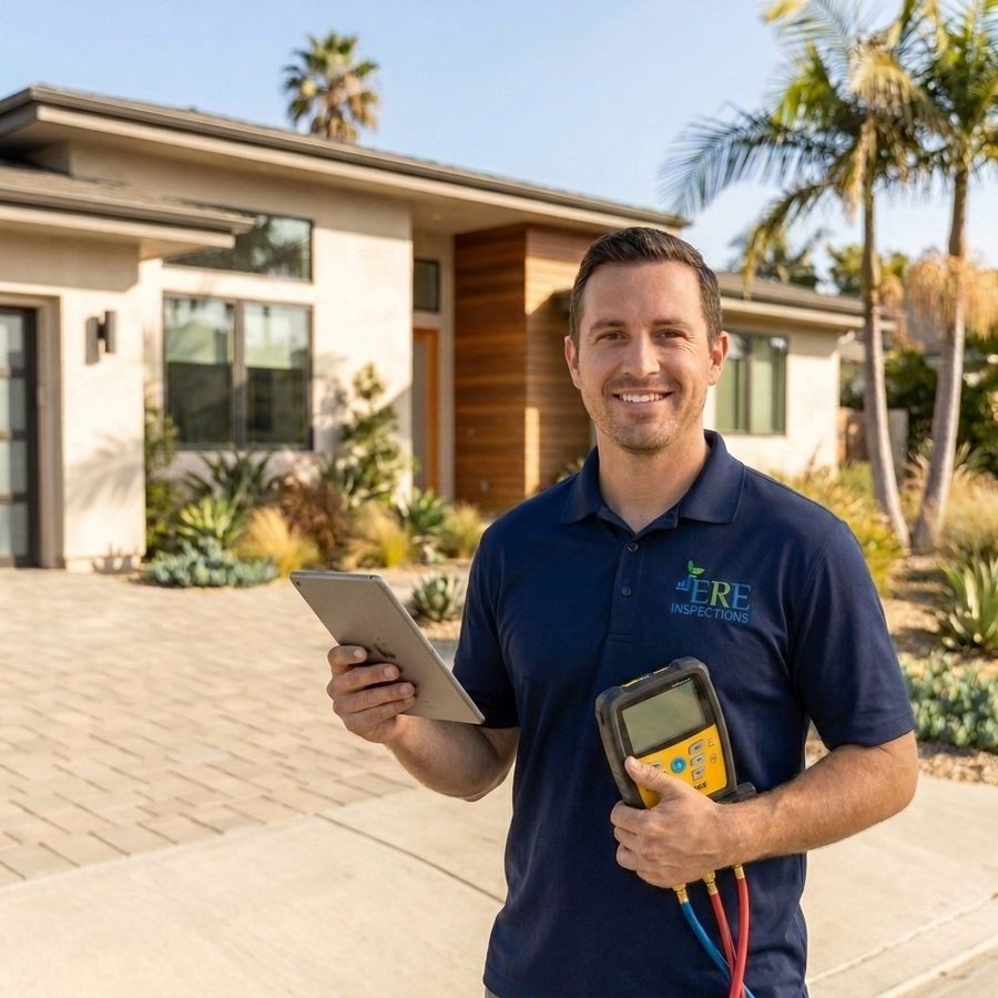 ERE Inspections energy technician holding a tablet and a Fieldpiece digital manifold gauge in front of a modern Southern California home