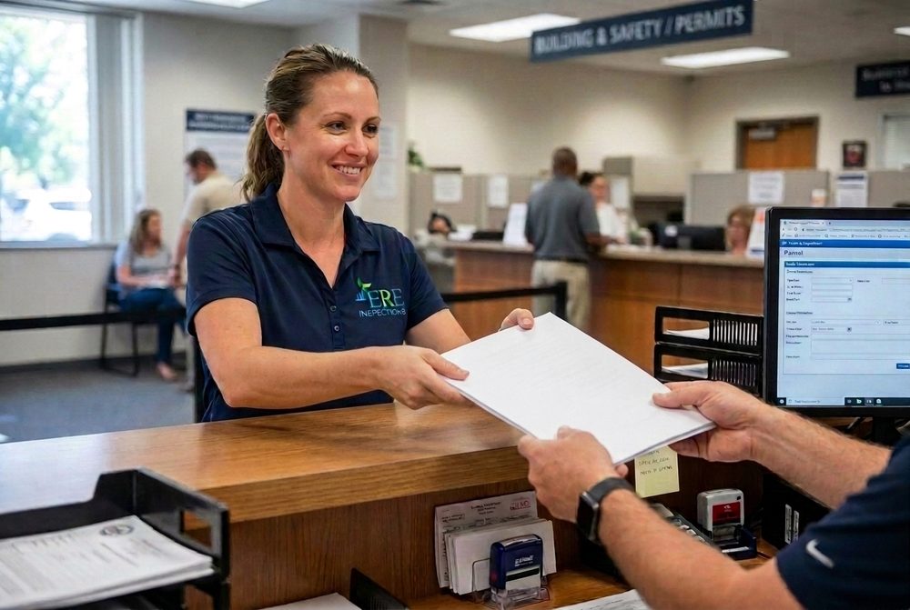 ERE Inspections staff member submitting building permit paperwork to a clerk at a city Building & Safety permit counter