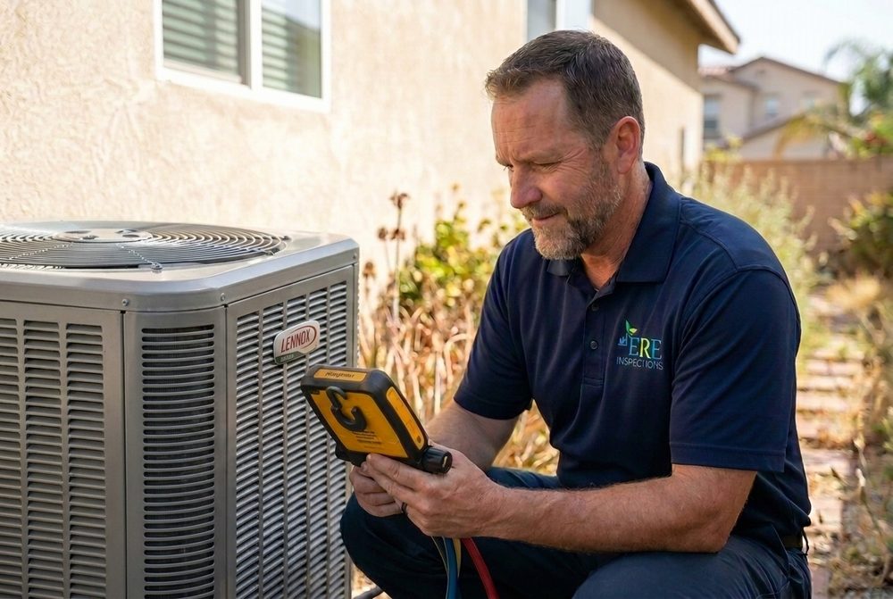 ERE Inspections technician in a branded polo checking the refrigerant charge on a residential air-conditioning condenser with manifold gauges